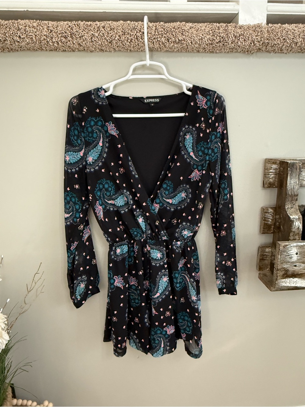Express Black Paisley Wrap Romper with Teal and Pink Accents